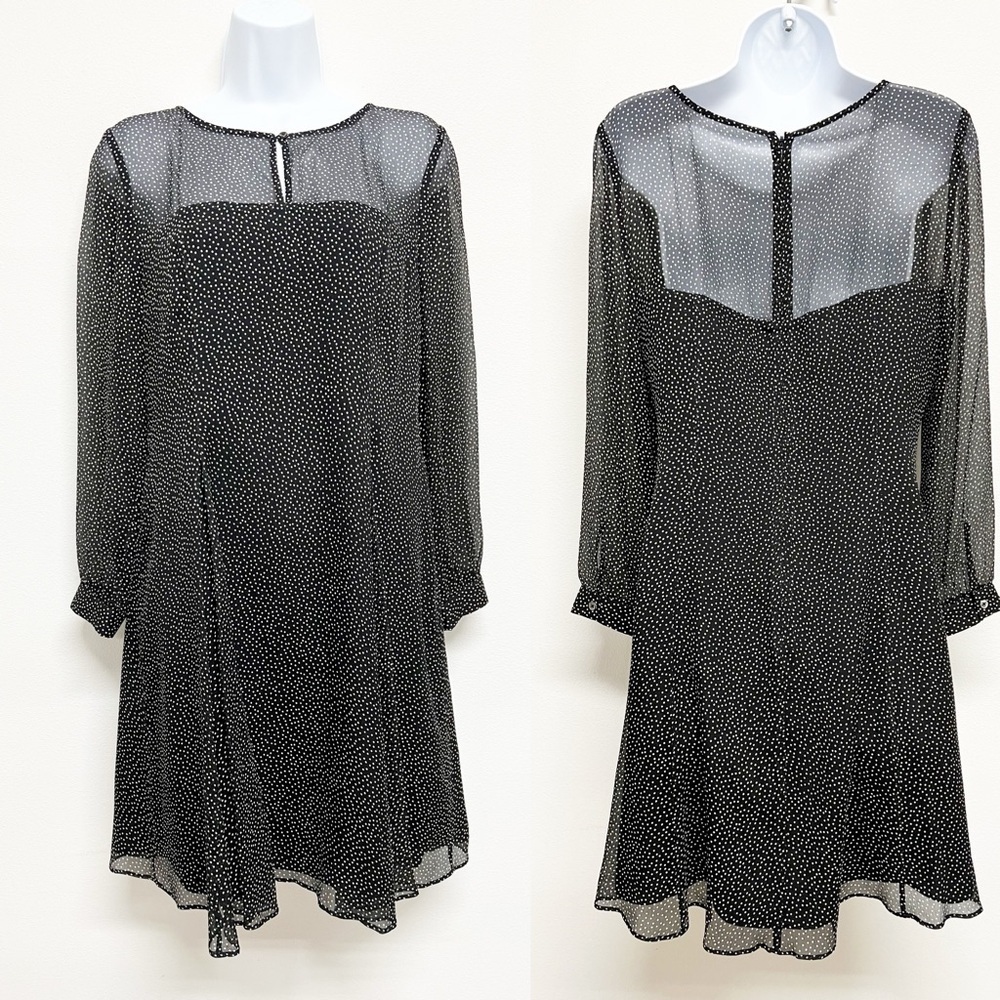 J Crew Womens Classic Sheer Black Silk Long Sleeve Polka Dot Flare Dress Size 6